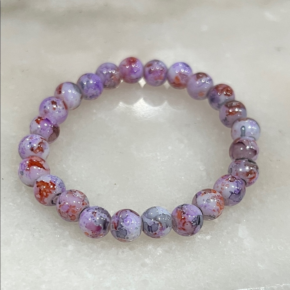 Purple and Red Marbled Beaded Stretch Bracelet